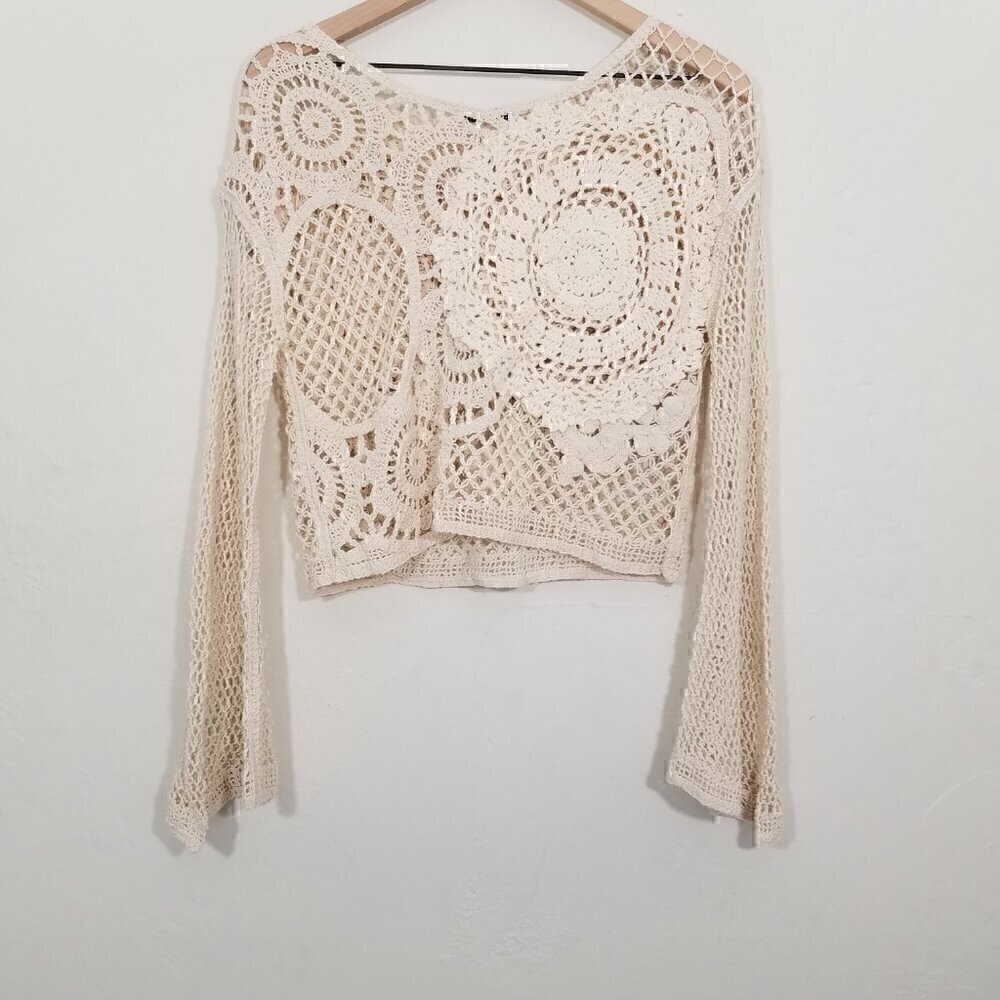 Zara Crochet Long Sleeve Cropped Top Cream Size S - Picture 4 of 6